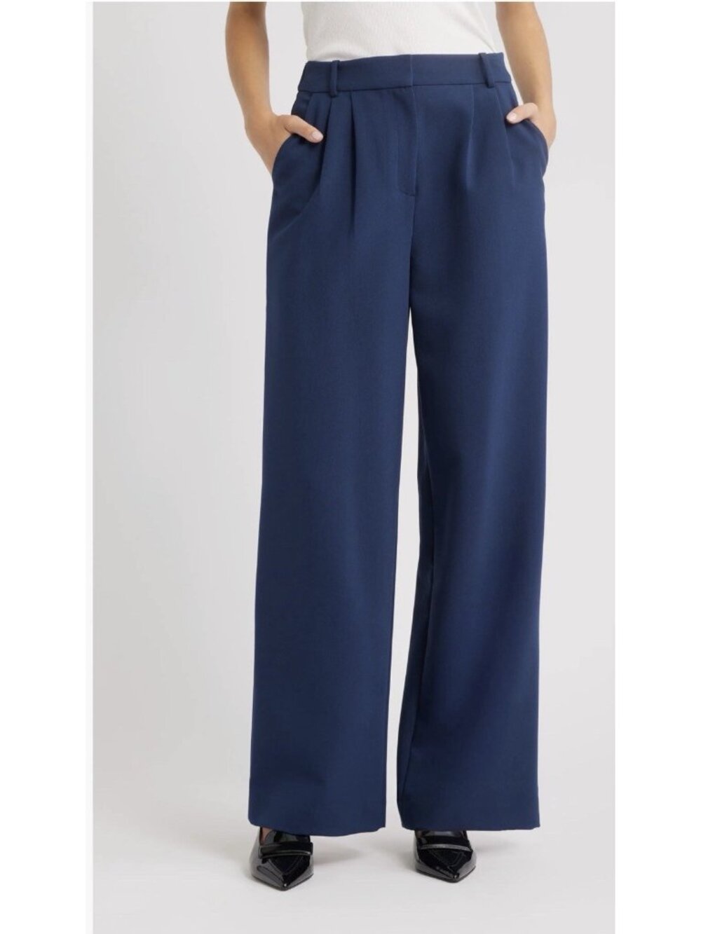 Open Edit Navy High Rise Pleated Wide Leg Pants XS Repreve Recycled Polyester